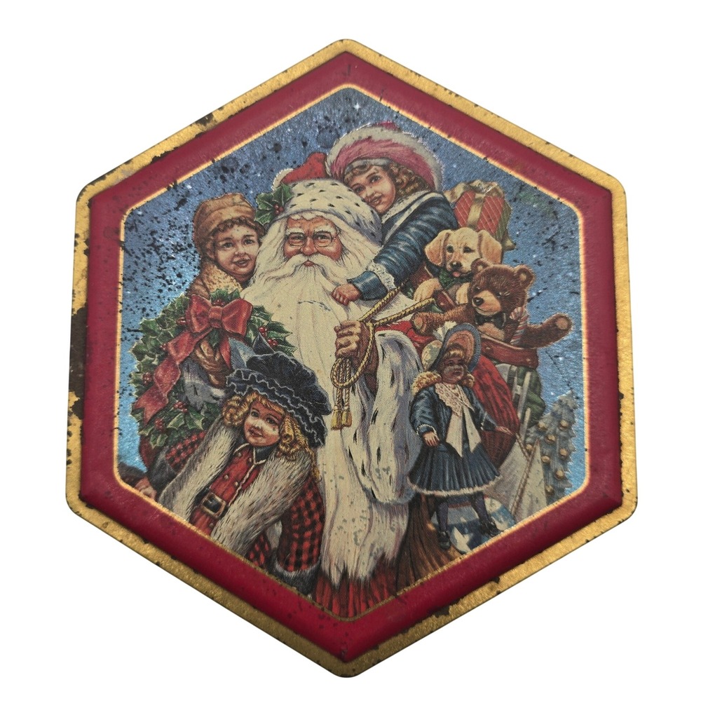 Christmas Tin Santa Claus Vintage Victorian Style Hexagonal Red Gold Holiday Box